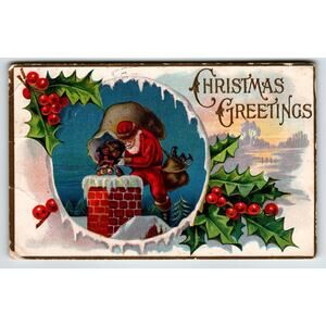 Christmas Postcard Santa Claus On Home Roof Chimney Toy Sack 1909 Santway 101